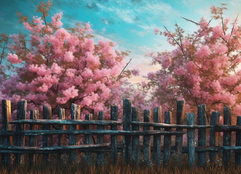 后院的木制花园栅栏和春天开花的树,插画/手绘图,插画/手绘图库,插画/手绘图下载,插画/手绘